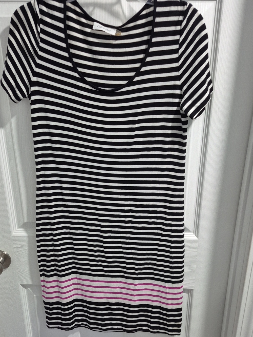 Calvin Klein Black & White Striped Dress with Pink Hem Stripe
